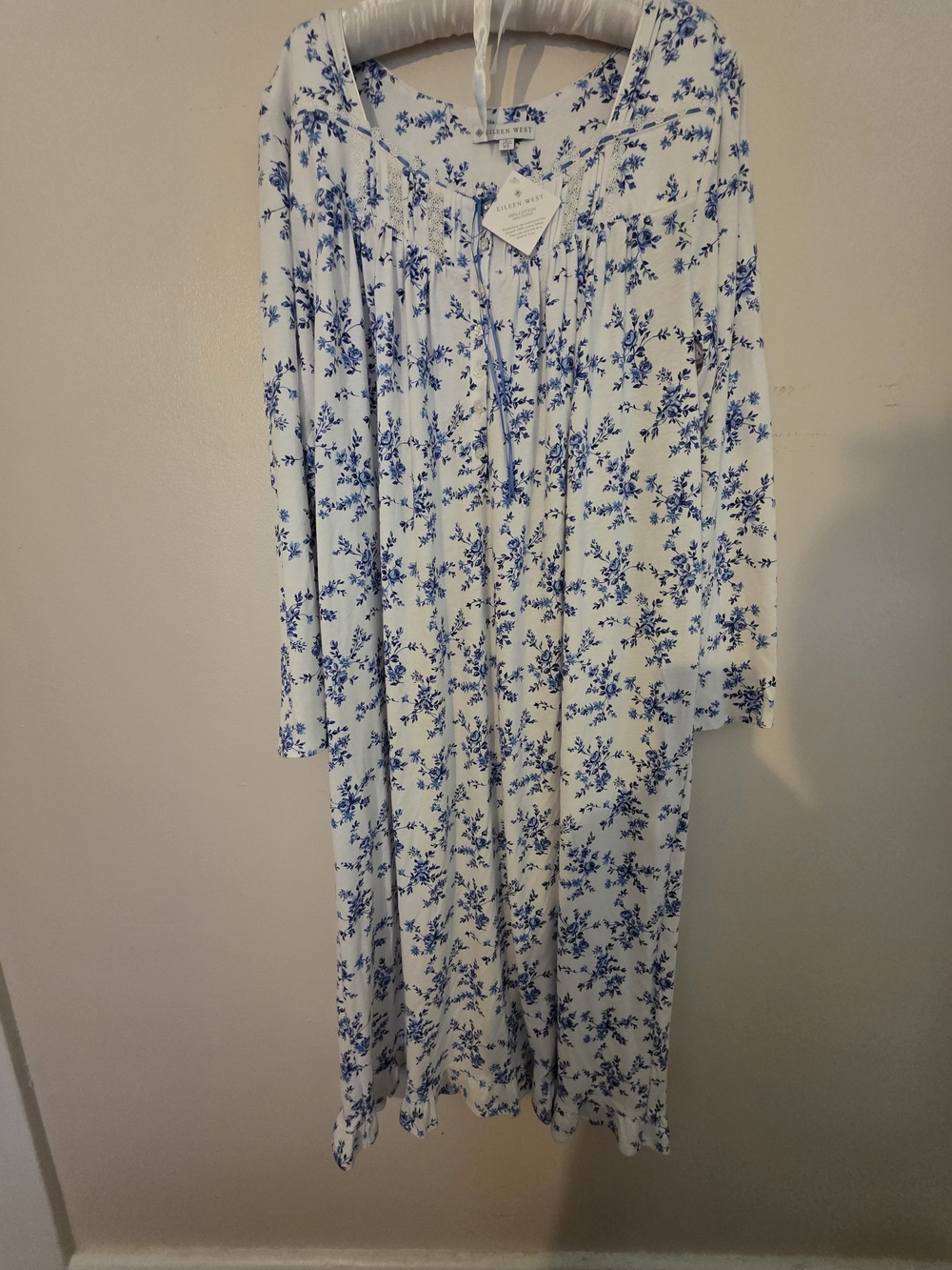 Eileen West White Nightgown with Blue Floral Print